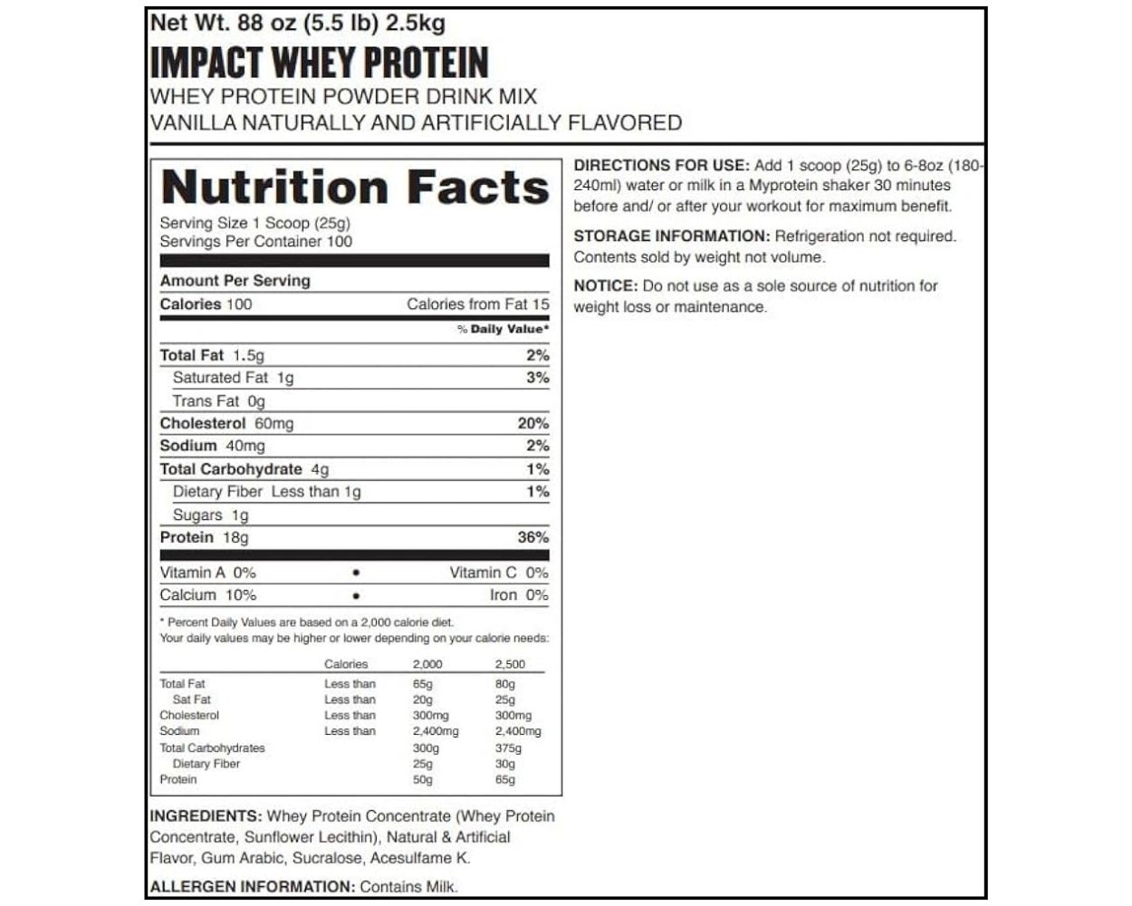 Impact Whey Protein Ingredients